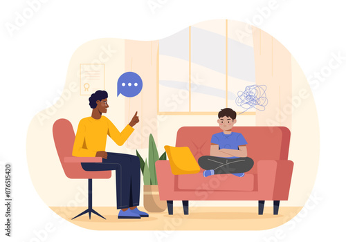 Child psychologist concept. Man helps teenager with mental and psychological problems. Consultation and treatment. Depression and frustration. Flat vector illustration isolated on white background