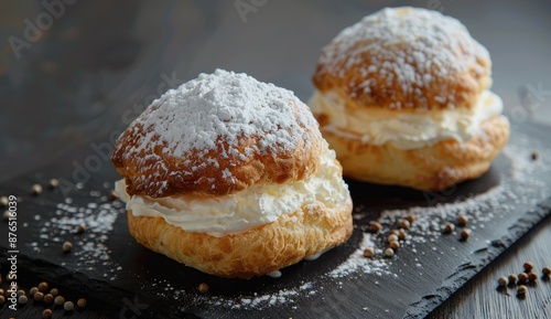 Cream Puffs with Powdered Sugar on Black Slate