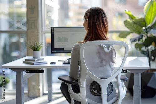 Woman Working at Adjustable Desk With Ergonomic Chair photo