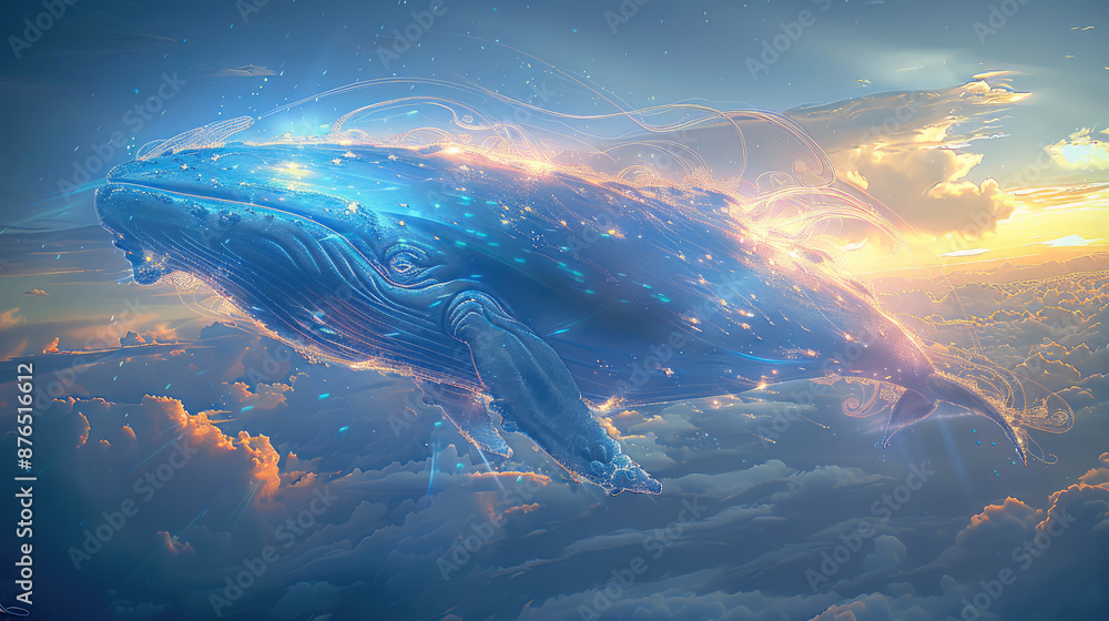 Fototapeta premium Blue hue. A giant transparent whale made of glowing blue and gold light floats above the clouds. Generative AI.