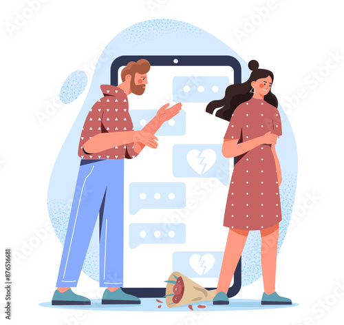 Family in divorce. Man and woman arguing against backdrop of marriage contract. Couple breaks up. Negative feelings and emotions. Quarrel and scandal. Flat vector illustration