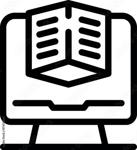 Line art icon of a computer generating a three dimensional cube, representing 3d modeling and design