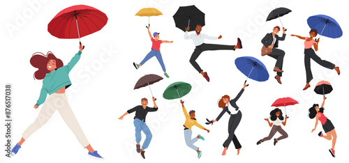 Diverse Group Of People Character Flying In The Air Using Colorful Umbrellas. Cartoon Vector The Image