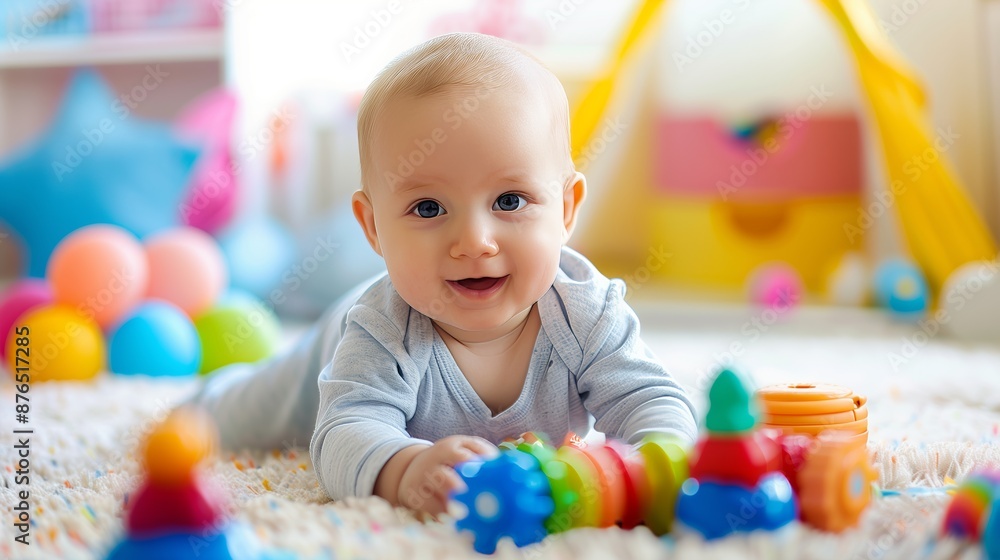 A baby gleefully plays with colorful toys in a vibrant nursery, creating an atmosphere of joy. A baby gleefully plays with colorful toys in a vibrant nursery, creating an atmosphere of joy.
