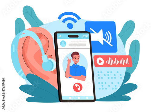 Consultation for deaf and mute. Man on smartphone screen with video call. Hearing aid for treatment. Health care and medicine. Flat vector illustration isolated on white background