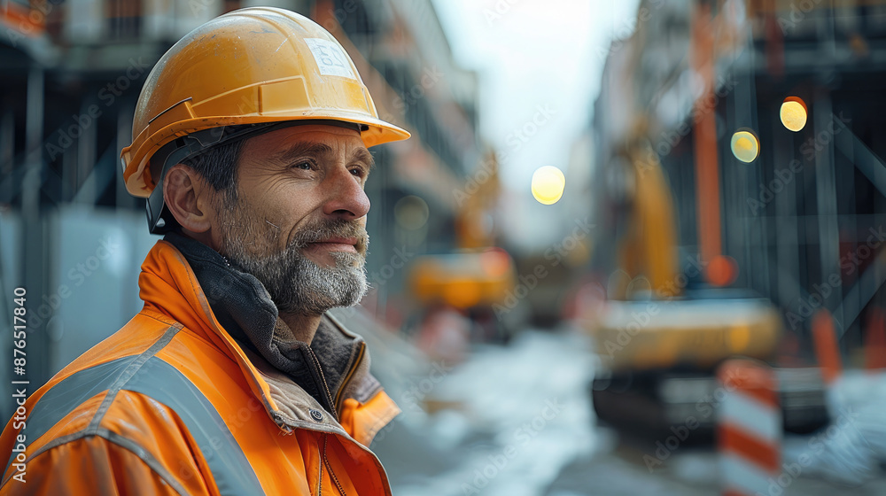 A construction site foreman with space above for text. Generative AI. A construction site foreman with space above for text. Generative AI.