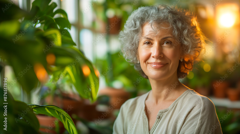 Close up portrait of mature Caucasian woman in her plant nursery, conservatory, taking care of plants, active lifestyle, copy space Close up portrait of mature Caucasian woman in her plant nursery, conservatory, taking care of plants, active lifestyle, copy space
