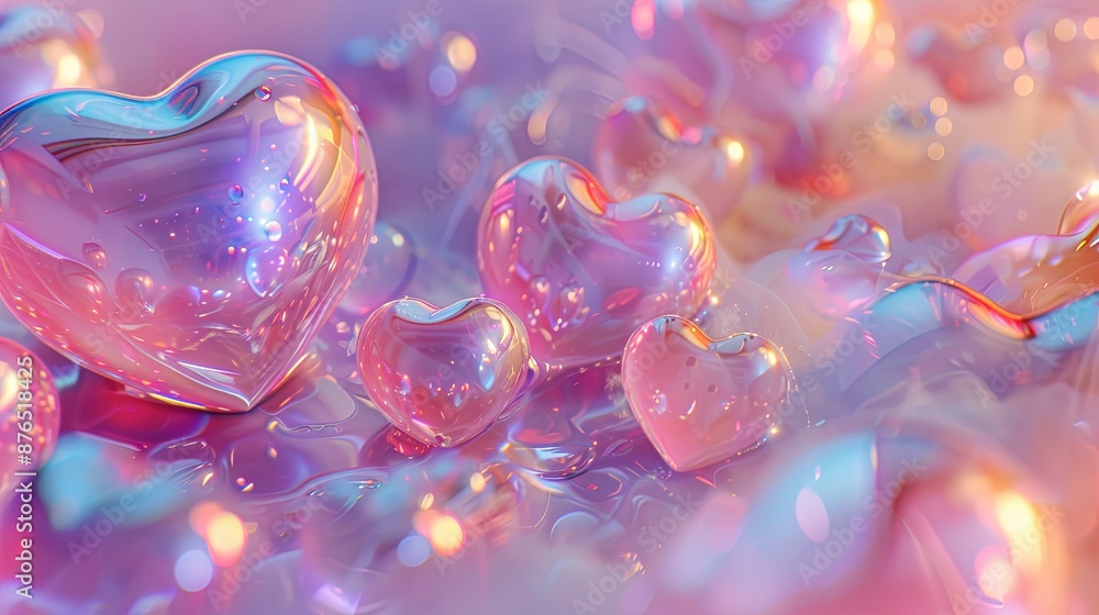 Glowing Opal Gradient Hearts in Dreamy Pink Background Glowing Opal Gradient Hearts in Dreamy Pink Background