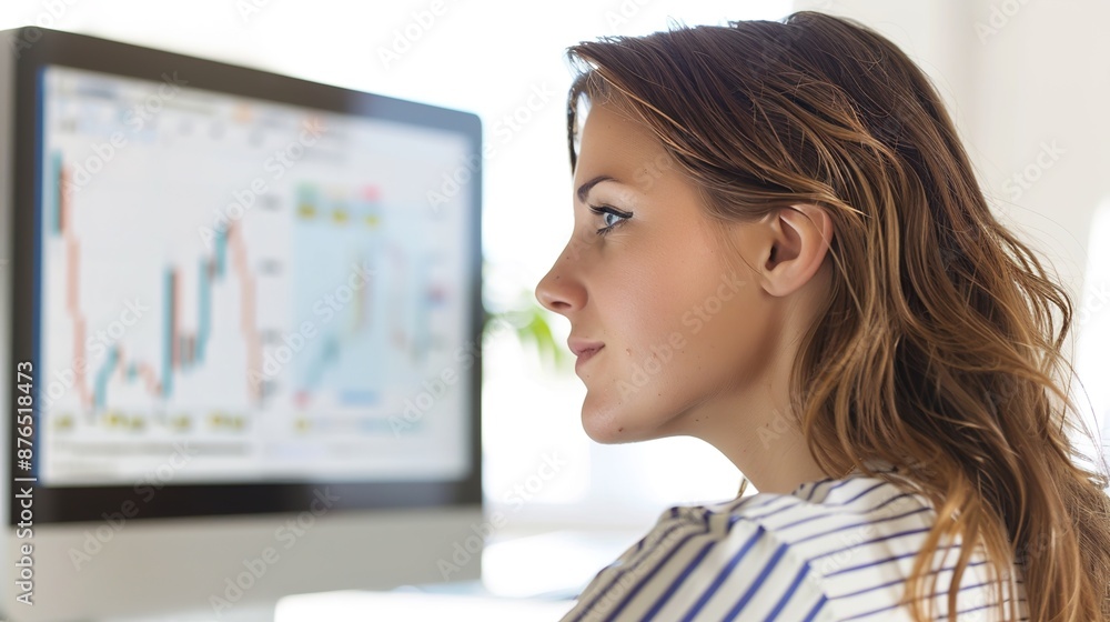 Successful Female Stock Trader Analyzing Financial Charts on Computer Screen with Copy Space on White Background Successful Female Stock Trader Analyzing Financial Charts on Computer Screen with Copy Space on White Background