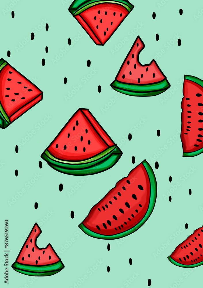 In this picture you can see slices of juicy and ripe watermelon. The background of the picture is green. There are many seeds scattered all over the background In this picture you can see slices of juicy and ripe watermelon. The background of the picture is green. There are many seeds scattered all over the background