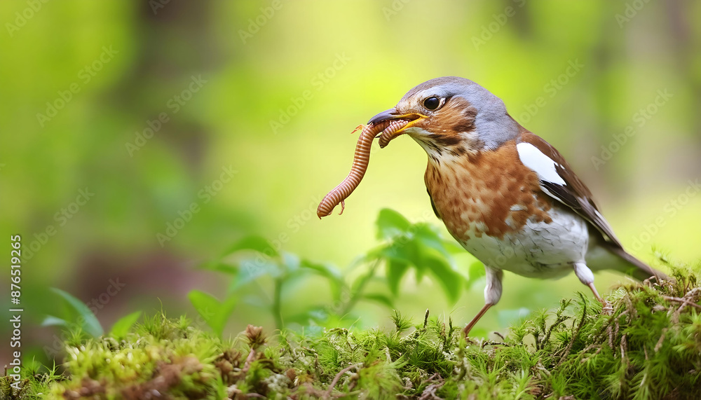 Fototapeta premium American Robin Holding a Worm in a Lush Green Grassy Field