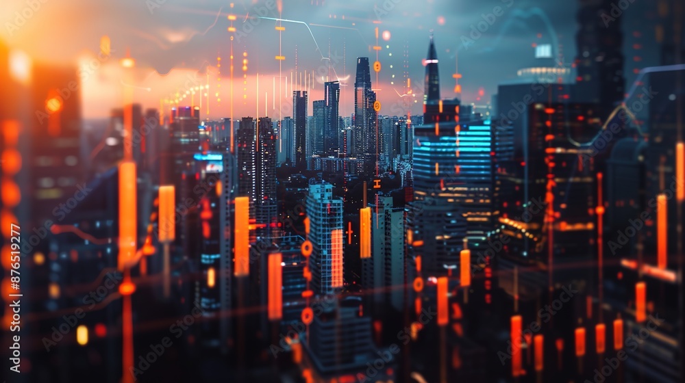 Fototapeta premium Futuristic City Skyline with Digital Financial Charts - Technology Shaping Global Finance