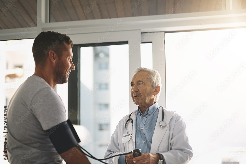 Fototapeta premium Healthcare, man and doctor in exam for blood pressure, checkup and assessment in clinic. Advice, patient and medical professional in test for hypertension, diabetes or health insurance consultation