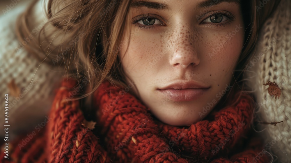 Woman face. Cozy environment. Autumn background Woman face. Cozy environment. Autumn background