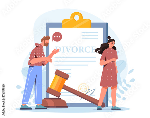 Family in divorce. Man and woman quarreling against backdrop of marriage contract. Negative feelings and emotions. Couple with bad relationships. Flat vector illustration isolated on white background