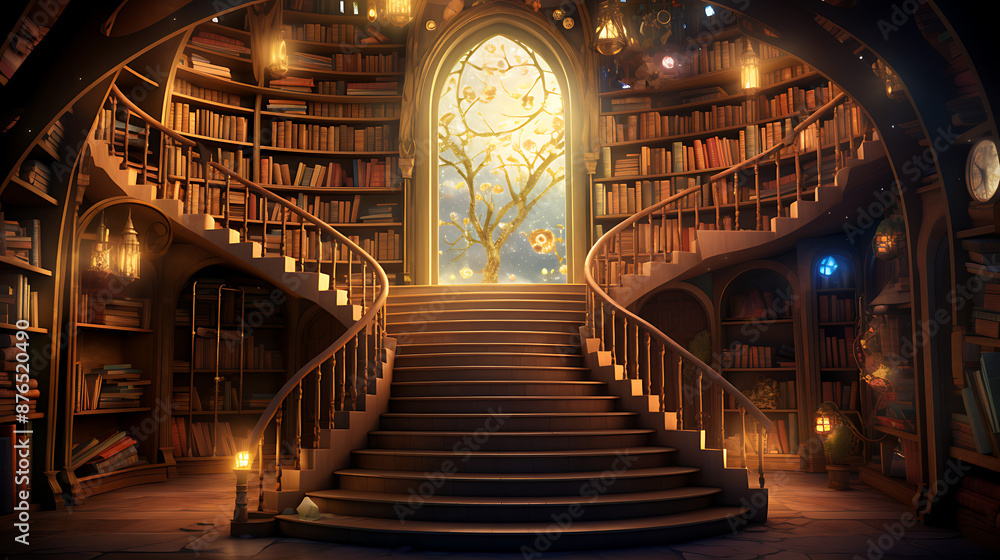 A grand, ornate library with winding stairs and glowing bookshelves.
A grand, ornate library with winding stairs and glowing bookshelves.