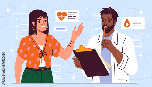 Doctor allergist with woman. Man in medical gown interviews girl. Consultation and diagnosis, medicine. Treatment of skin diseases. Flat vector illustration isolated on blue background