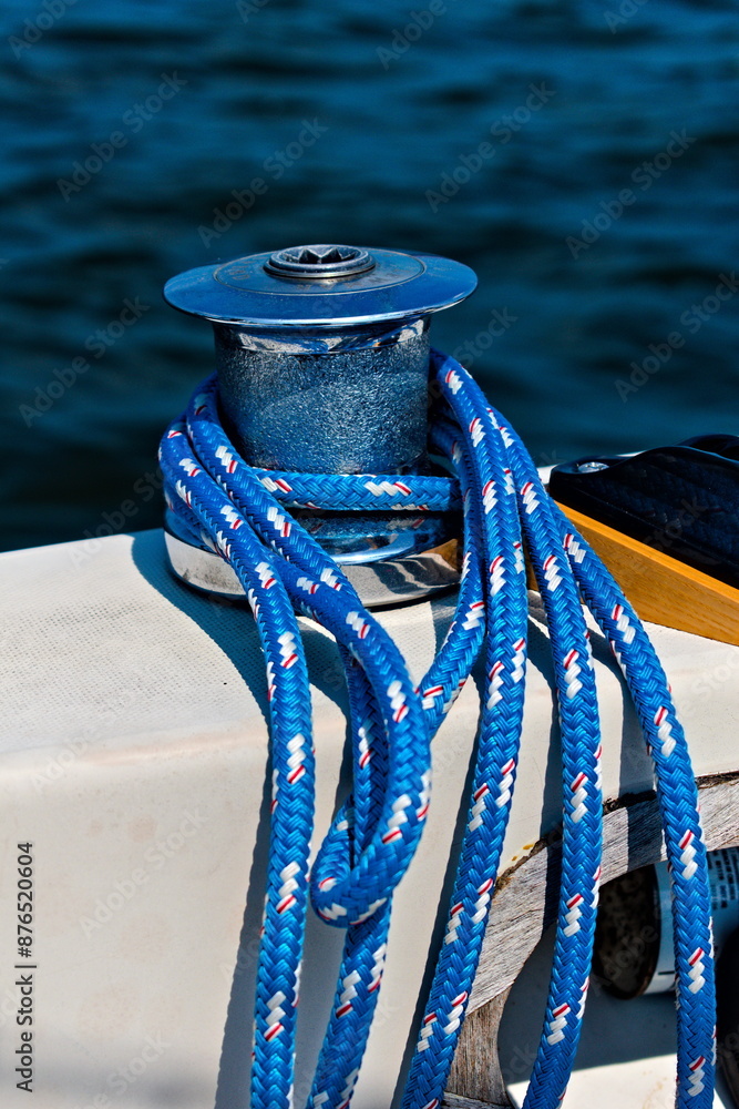 Sailboat Winch with Line Looped Around It Sailboat Winch with Line Looped Around It