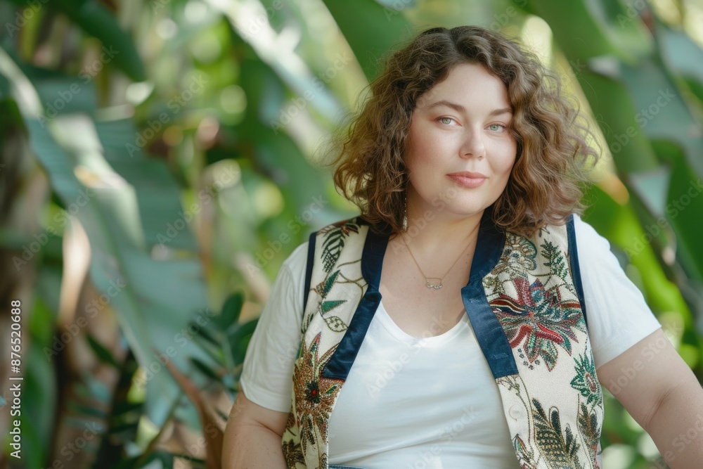 plump woman against a background of tropical plants. hand embroidered vest. seamstress. vacation, rest. Plus size model plump woman against a background of tropical plants. hand embroidered vest. seamstress. vacation, rest. Plus size model