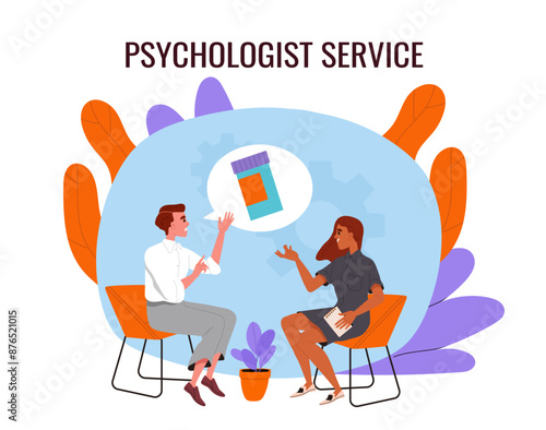 Drug addiction treatment concept. Psychologist service. Girl helps man get rid of addiction. Health care and medicine. Rehabilitation and therapy. Flat vector illustration isolated on white background
