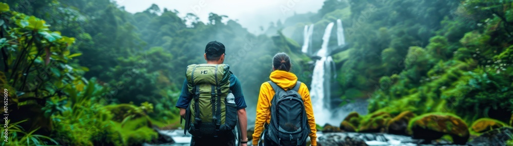 Discover the Hidden Beauty of Nature Joyful Couple Exploring a Lush Rainforest Waterfall, A Romantic Getaway Destination for Adventure Lovers Discover the Hidden Beauty of Nature Joyful Couple Exploring a Lush Rainforest Waterfall, A Romantic Getaway Destination for Adventure Lovers