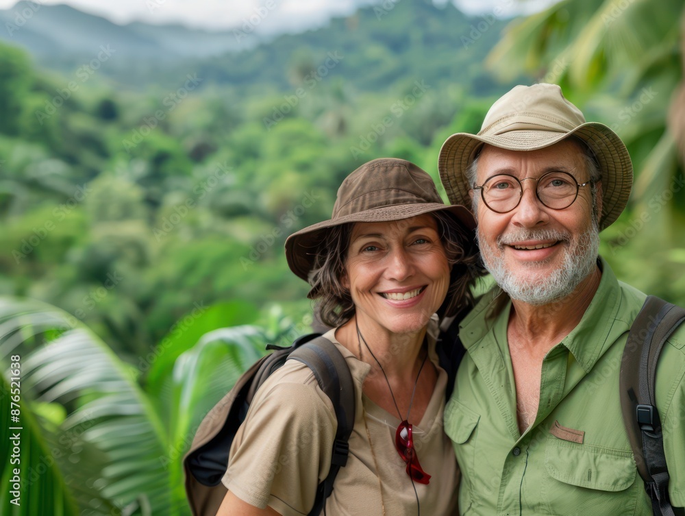 Happy Couple Enjoying a Tropical Rainforest Adventure, A Romantic Getaway in Lush Green Surroundings, Discover the Beauty of Nature Together, Explore the Rainforest with Your Partner Happy Couple Enjoying a Tropical Rainforest Adventure, A Romantic Getaway in Lush Green Surroundings, Discover the Beauty of Nature Together, Explore the Rainforest with Your Partner