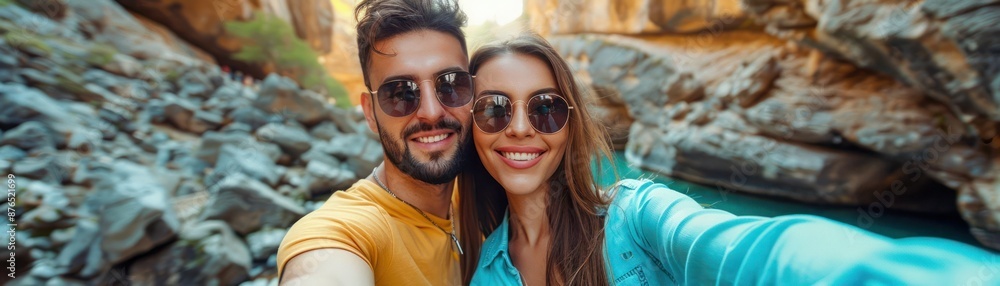 Happy Couple Taking a Selfie in Front of a Stunning Canyon Landscape, Capturing Memories and Joyful Moments in Nature Happy Couple Taking a Selfie in Front of a Stunning Canyon Landscape, Capturing Memories and Joyful Moments in Nature