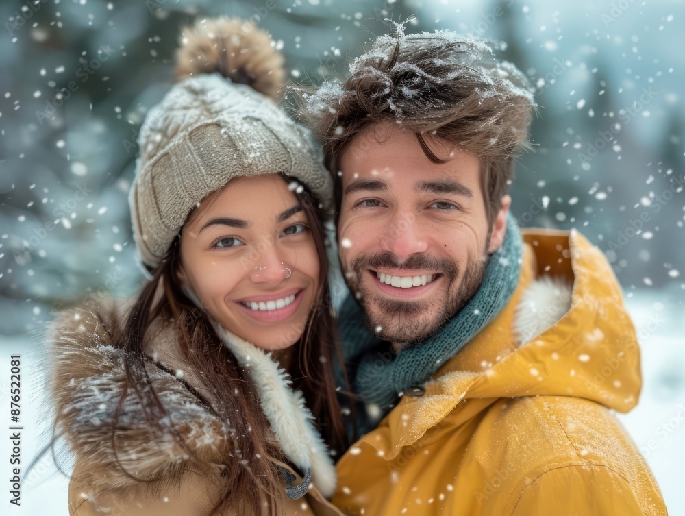 Obraz premium Smiling Couple Embraces in a Snowy Winter Wonderland, Joyful Partners Capturing the Magic of a Snowy Landscape