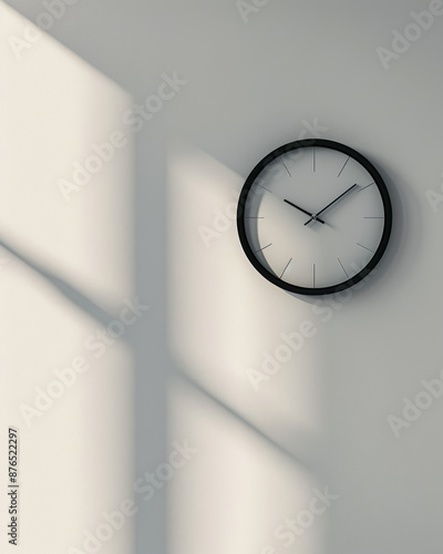 minimalist modern clock on a plain wall with soft light and shadows, with copy space for text