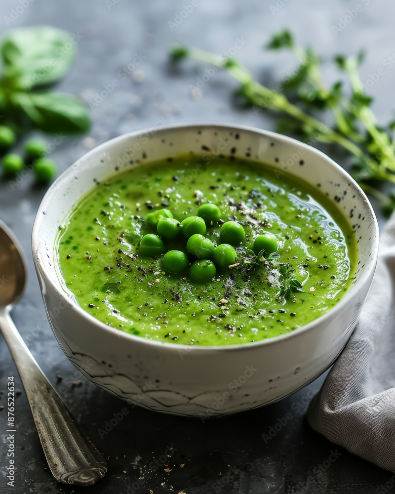fresh green pea soup garnished with whole peas and black pepper, perfect for healthy diets fresh green pea soup garnished with whole peas and black pepper, perfect for healthy diets