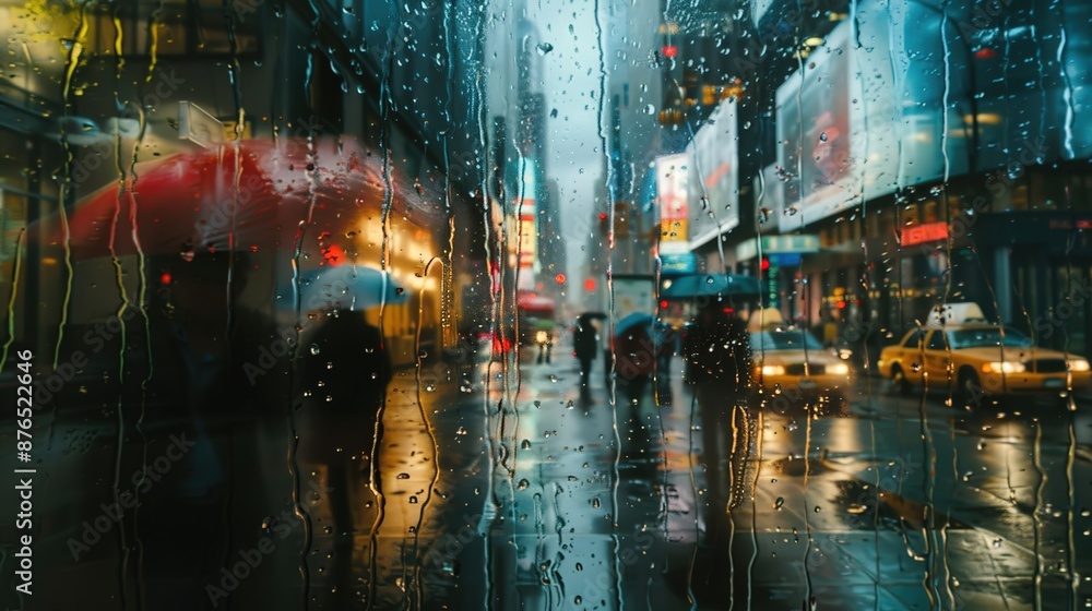 Urban Rainy Day - People Walking in City Street with Blank Building Facade for Text Space Urban Rainy Day - People Walking in City Street with Blank Building Facade for Text Space
