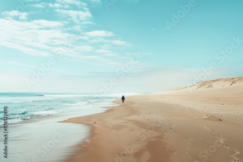 peaceful beach walk with a lone traveler on a vast sandy shoreline