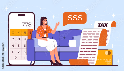 Family budgeting woman. Young girl sitting on sofa near smartphone with calculator. Financial literacy and cost reduction. Accounting and taxes. Flat vector illustration isolated on blue background