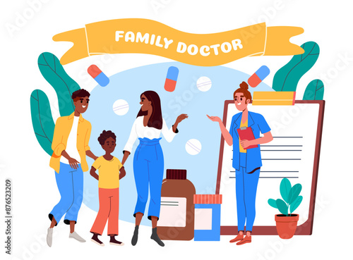 Family doctor poster. Girl in uniform takes father, mother and son. Parenthood and childhood. Healthcare and medicine. Pediatrician and therapist. Flat vector illustration isolated on white background