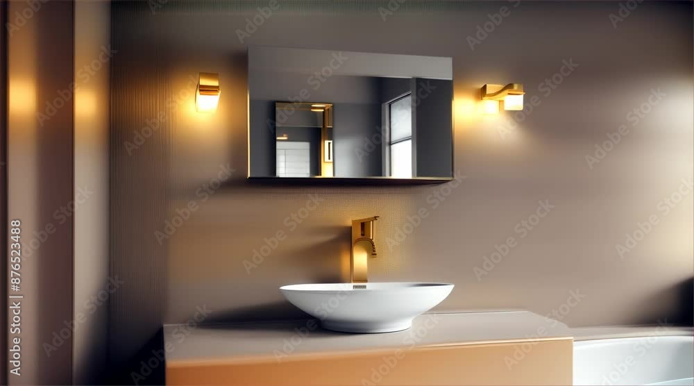 A bathroom with a large mirror and a sink glowing from a warm golden hour light A bathroom with a large mirror and a sink glowing from a warm golden hour light
