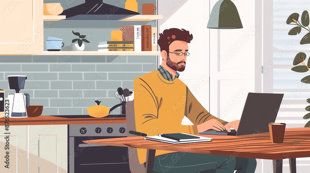 Productive Remote Worker at Modern Home Office Setup, Copy Space Available on Kitchen Background Productive Remote Worker at Modern Home Office Setup, Copy Space Available on Kitchen Background