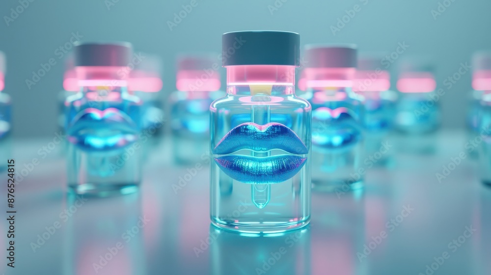 Glass bottles with glowing blue liquid and lips symbol against a soft focus background, creating a futuristic and innovative vibe. Glass bottles with glowing blue liquid and lips symbol against a soft focus background, creating a futuristic and innovative vibe.