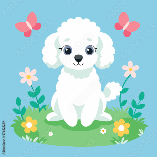 Adorable White French Poodle Puppy on Green Grass