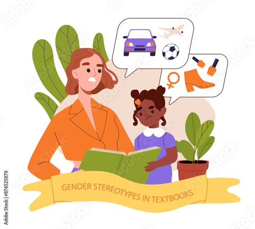 Gender stereotypes in textbooks. Mother and daughter read fairy tale and educational material. Stop sex discrimination. Feminism, tolerance and unity. Flat vector illustration