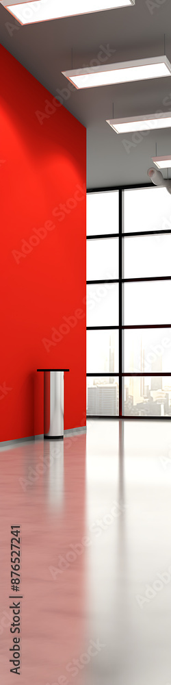Fototapeta premium Red minimal interior with large windows and shiny floor
