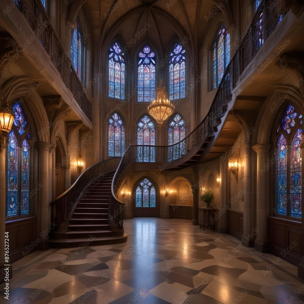 Fototapeta premium An enchanted castle interior with grand staircases and stained glass windows