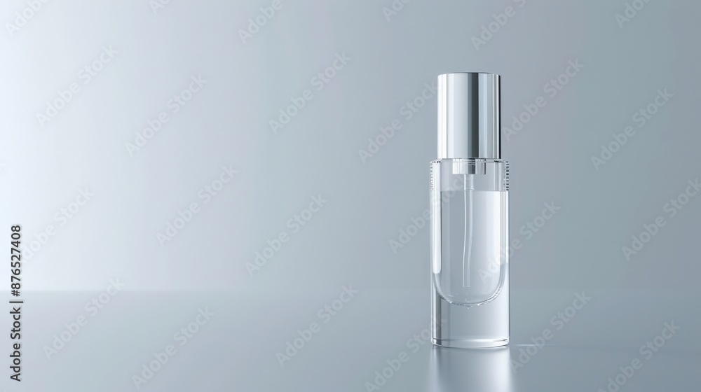 Minimalist clear glass bottle with shiny silver cap, isolated on a light gray background. Ideal for skincare product advertisements. Minimalist clear glass bottle with shiny silver cap, isolated on a light gray background. Ideal for skincare product advertisements.