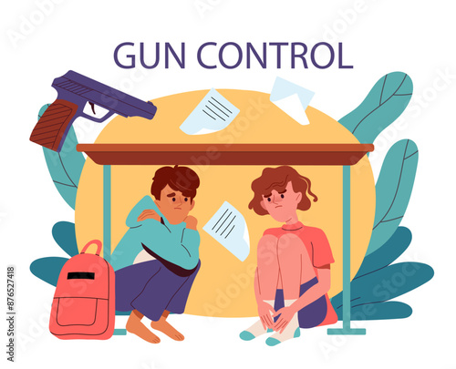 Gun control in school. Boy and girl hiding under desk from gun. Terrorism and aggression, violence. Social problem with armed criminal. Flat vector illustration isolated on white background