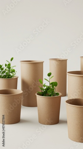 Minimalistic composition of eco-friendly cardboard plant pots with small green plants, arranged against a neutral background.