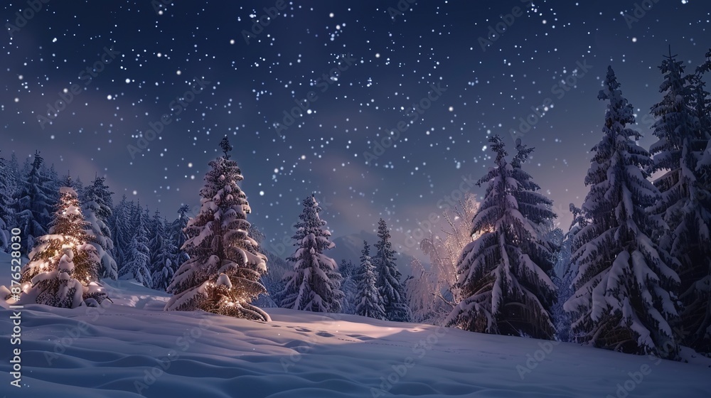 Enchanting Winter Wonderland with Snow-Covered Trees under Starry Night Sky - Christmas Magic Greeting Card Background Enchanting Winter Wonderland with Snow-Covered Trees under Starry Night Sky - Christmas Magic Greeting Card Background
