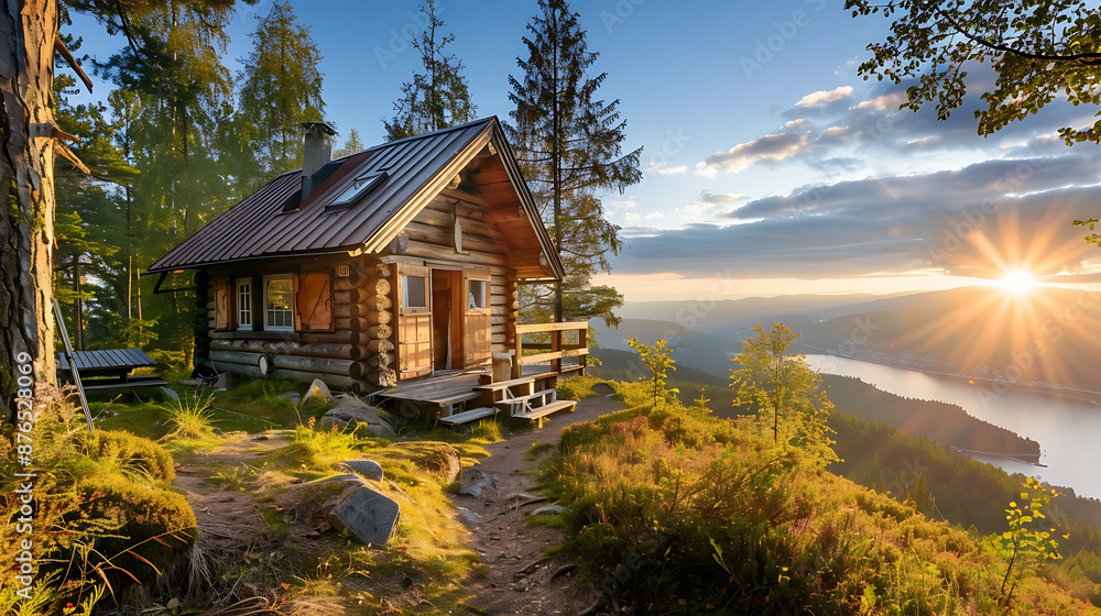 Fototapeta premium Rustic log cabin atop a hillside overlooking a serene lake at sunset. 