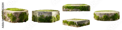 Nature stone podium covered with moss, isolated on transparent background PNG file
