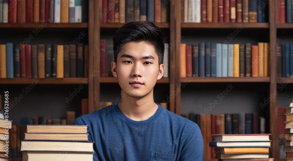 Portrait of a young oriental boy student sitting in a library Portrait of a young oriental boy student sitting in a library