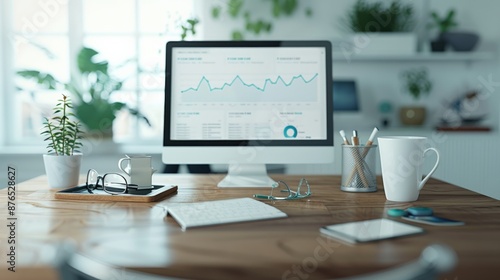 Wallpaper Mural Modern home office setup with a computer displaying analytics on a wooden desk with plants and accessories in a bright room. Torontodigital.ca