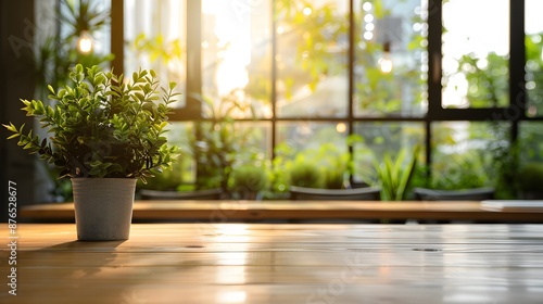 Wooden table on blur window glass wall in office room. 